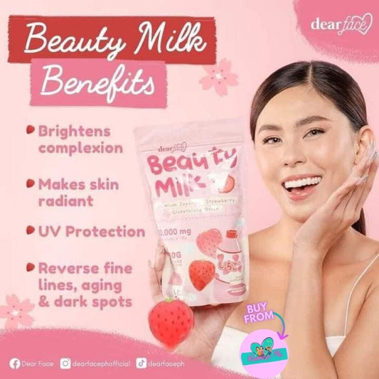 Dear Face Beauty Milk Japanese Collagen STRAWBERRY Drink, 10 Sachets X 18g