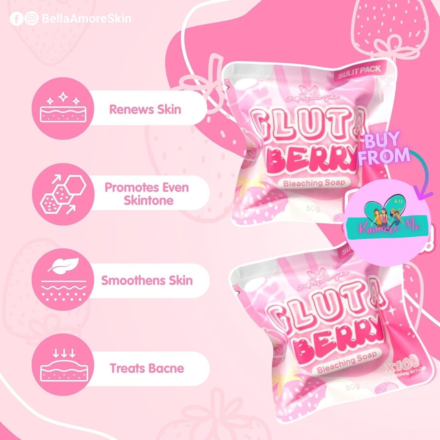 2 Bars GlutaBerry Bleaching Soap By Bella Amore Skin | SULIT PACK 50g